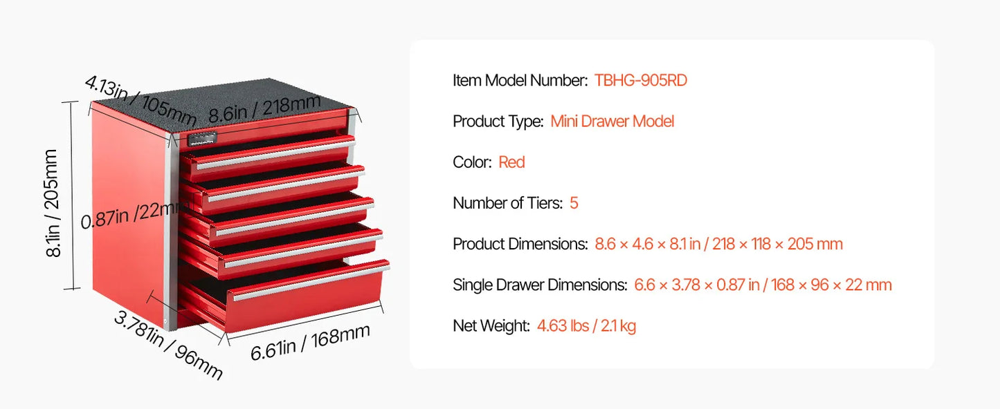 Midnight Club™ Mini 5-Drawer Tool Chest – Workbench & Portable Storage (Red & Black)